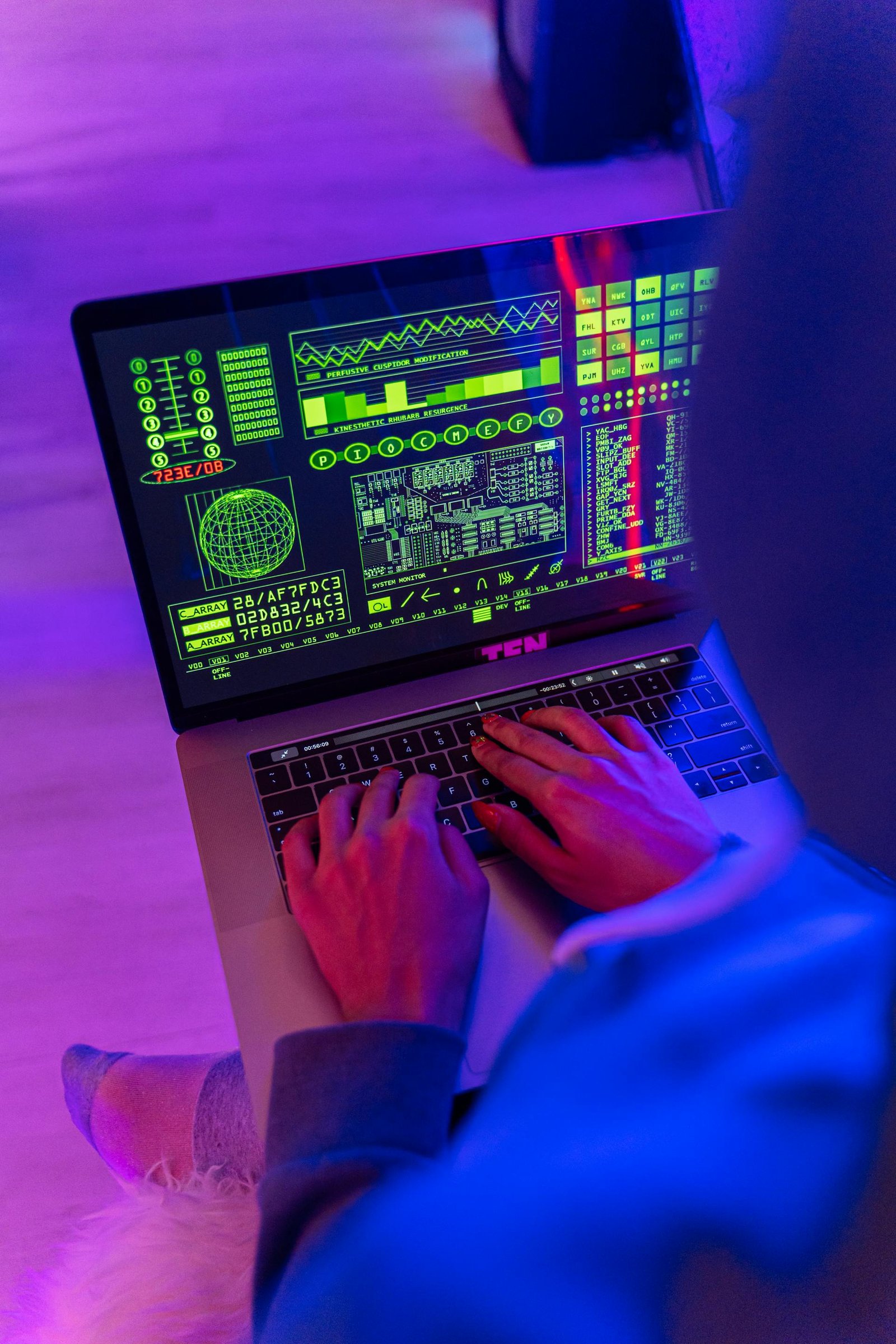 Hands typing on a laptop showing a retro neon-green dashboard interface