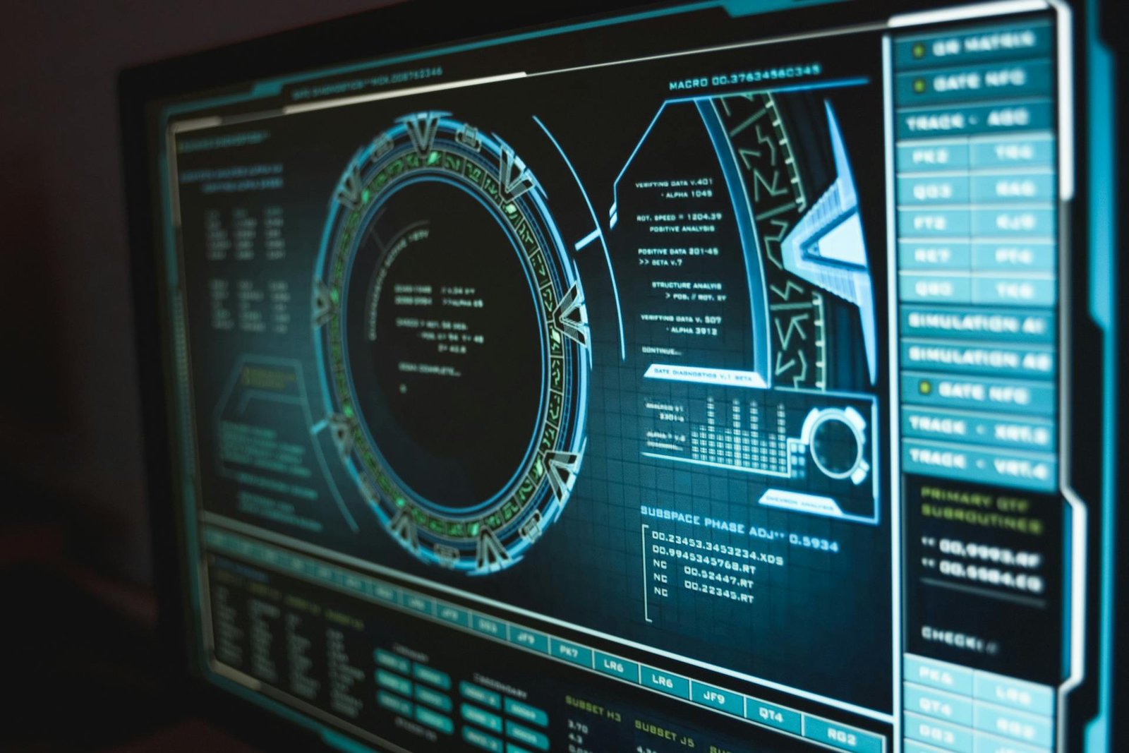 Dark cybersecurity dashboard with circular interface and code displays